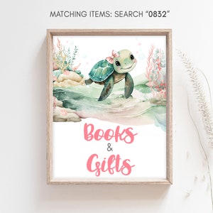 Bord zeeschildpad babyshower boeken en cadeaus, bord roze onder de zee babyshower cadeaus, teken A Little Hatchling Ocean Girl babyshower, 0832
