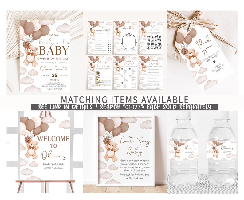 a set of baby shower items with a teddy bear theme