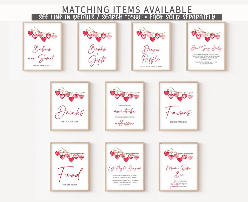 May include: Printable signs for a baby shower with a red and white gingham heart theme. The signs include "Babies are Sweet", "Books & Gifts", "Diaper Raffle", "Don't Say Baby", "Drinks", "Please Greet the Mom-to-be", "Favors", "Food", "Late Night Diapers", and "Mom-Osa Bar".