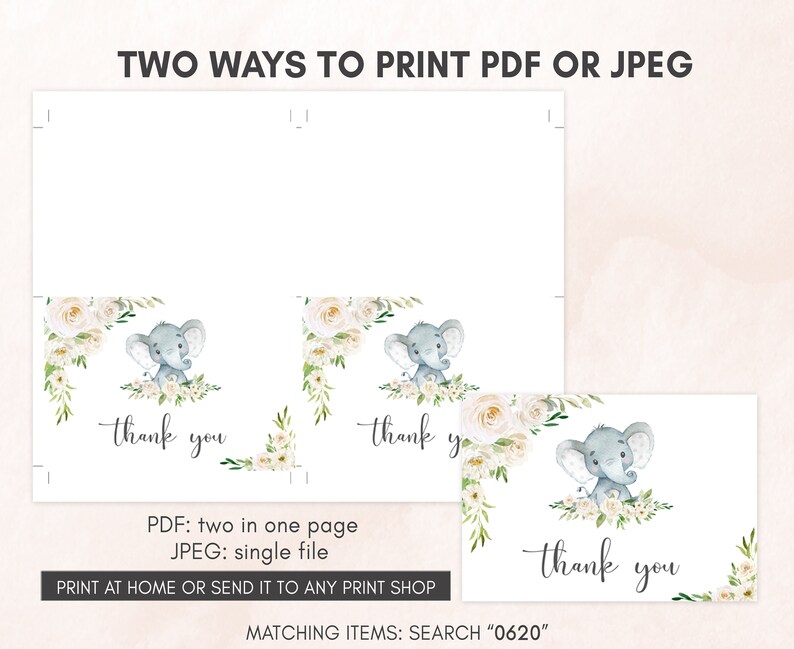 two ways to print a thank card for a baby elephant