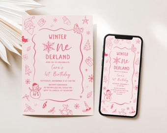 Invitación editable de invierno de Onederland, invitación rosa para primer cumpleaños de Navidad, fiesta minimalista de copos de nieve, plantilla de cumpleaños invernal para niña, 118BD