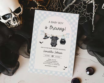 Bearbeitbar Ein Baby braut Halloween-Babyparty-Einladung, Blaue Gingham-gruselige Babyparty-Einladung, Jungen-Bogen-Baby-Kleidungs-Einladung, 01123