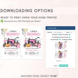 The image is a screenshot of a digital design for a baby shower invitation, which includes options for printing the invitation on a home printer and customizing the design.