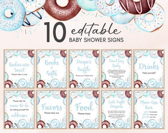 Editable Blue Donut Baby Sprinkle Table Sign, Sprinkled with Love Baby Shower Bundle Sign, Boy Donut Baby Shower Late Night Diapers, 01068