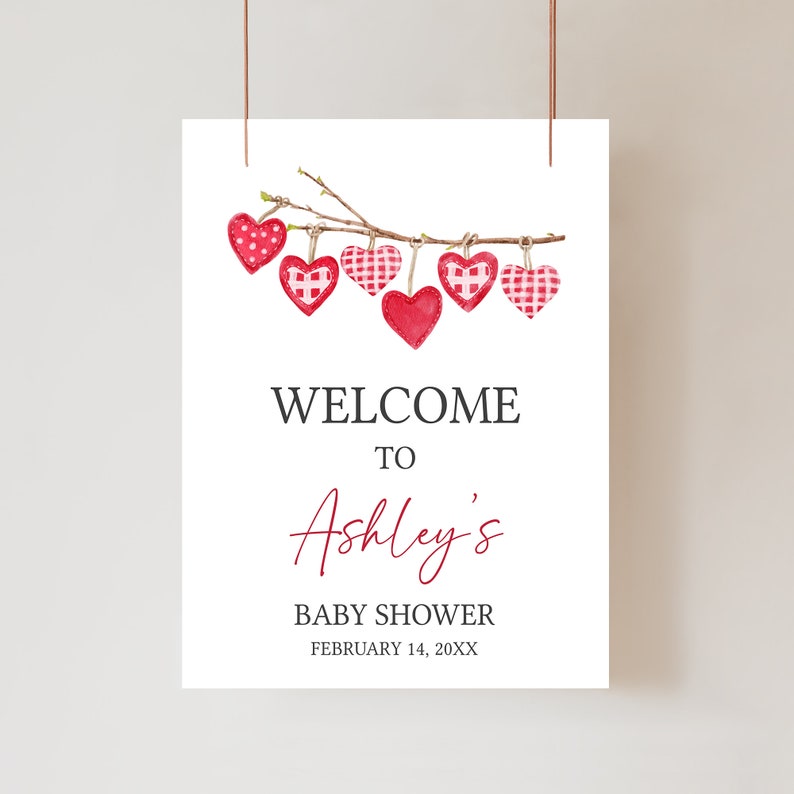 Edytowalny znak powitalny na baby shower walentynkowy, plakat powitalny na baby shower A Little Sweetheart, różowy czerwony napis powitalny na baby shower, 0588 zdjęcie 1