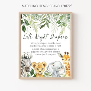 Pieluchy na noc Znak Dżungla Baby Shower Safari Zwierzęta Pieluchy na Baby Shower Myśli Znak Safari Wydrukowany Znak Dekoracje Zieleni 0179 zdjęcie 1