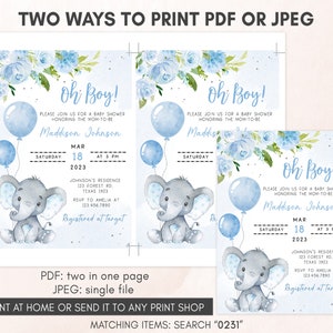 May include: Two printable baby shower invitations featuring a cute gray elephant with blue balloons and floral accents. The text reads "Oh Boy!" and includes the baby's name, Maddison Johnson, the date, time, and RSVP information. The invitations are available in PDF and JPEG formats.