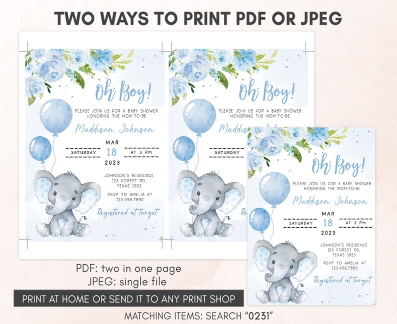 May include: Two printable baby shower invitations featuring a cute gray elephant with blue balloons and floral accents. The text reads "Oh Boy!" and includes the baby's name, Maddison Johnson, the date, time, and RSVP information. The invitations are available in PDF and JPEG formats.