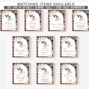 May include: Printable signs for a baby shower with a cow theme. The signs are black and white with pink accents and feature a cute cartoon cow. The signs include "Babies are Sweet", "Books & Gifts", "Diaper Raffle", "Don't Say Baby", "Drinks", "Mom to be Addressee", "Favors", "Food", "Late Night Diapers", and "Mom-osa Bar".