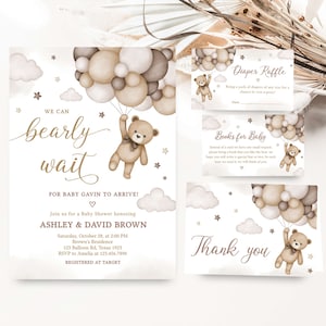 Editable Gender Neutral Bear Baby Shower Invitation Bundle, We Can Bearly Wait Baby Shower Invite Set, Brown Balloon Bear Baby Shower, 0508