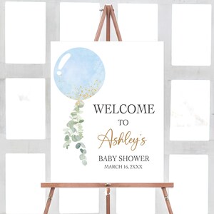 Editable niño azul globo bebé ducha signo de bienvenida, globo Oh niño bebé ducha cartel de bienvenida, niño eucalipto verde bebé ducha signo 0610 imagen 1