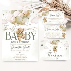Editable Gender Neutral Bear Baby Shower Invitation Bundle, We Can Bearly Wait Baby Shower Invite Set, Green Bear Balloons Baby Shower, 0604 image 1