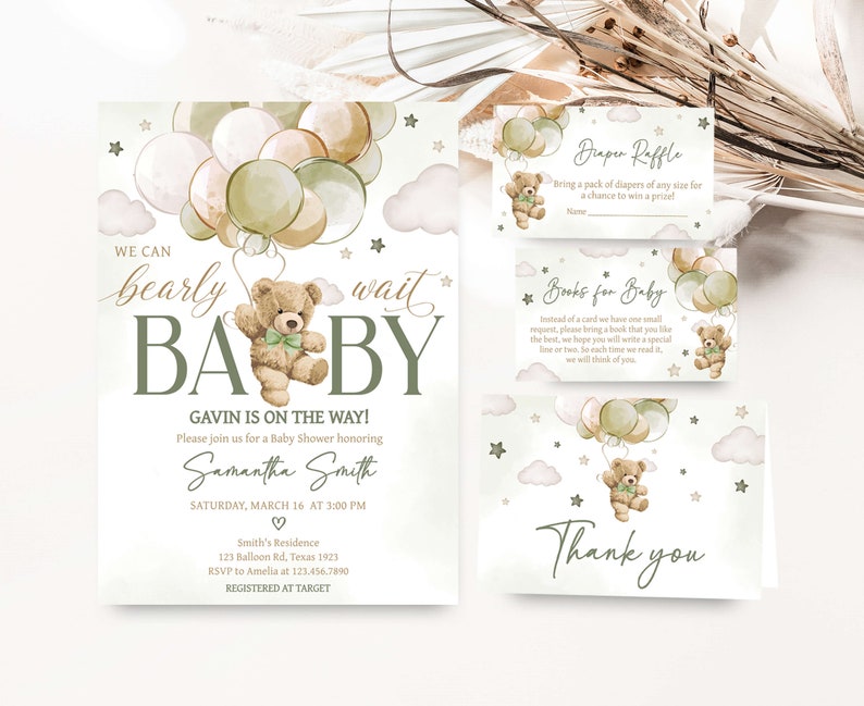 Editable Gender Neutral Bear Baby Shower Invitation Bundle, We Can Bearly Wait Baby Shower Invite Set, Green Bear Balloons Baby Shower, 0604 image 1