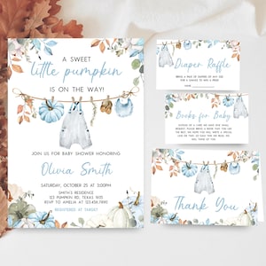 May include: A baby shower invitation suite with a watercolour design. The invitation reads "A sweet little pumpkin is on the way!" and includes event details. Additional cards include a diaper raffle, books for baby, and thank you notes.