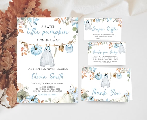 Editable Little Pumpkin Baby Shower Invitation Bundle, Boy Clothesline Fall Baby Shower Invite, Blue Boho Rustic Baby Clothes Invite, 01142
