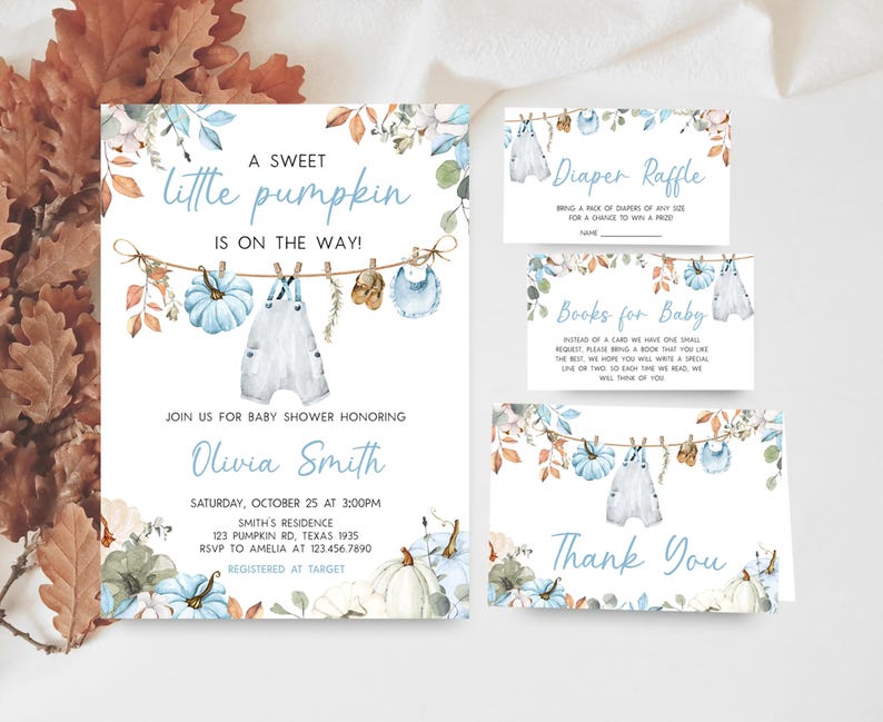 The image is a baby shower invitation featuring a pumpkin theme, with illustrations of baby clothes and pumpkins. The invitation includes text inviting guests to a baby shower honoring Olivia Smith and includes details about the event, such as the date, time, and location.