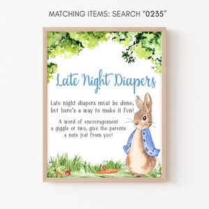 Late Night Diapers Sign Peter Rabbit Baby Shower, Blue Bunny Baby Shower Diaper Thoughts Sign, Rustic Peter Rabbit Printable Template 0235