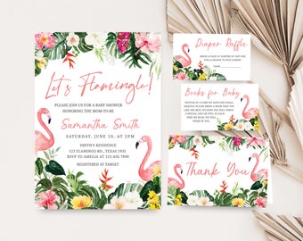 May include: A baby shower invitation with a tropical theme. The invitation features pink flamingos, lush green leaves, and colorful flowers. The text reads "Let's Flamingle!" and includes the name "Samantha Smith".