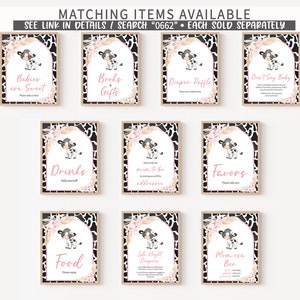 May include: Printable signs for a baby shower with a cow theme. The signs are black and white with pink accents and feature a cute cartoon cow. The signs include "Babies are Sweet", "Books & Gifts", "Diaper Raffle", "Don't Say Baby", "Drinks", "Mom to be Addressee", "Favors", "Food", "Late Night Diapers", and "Mom-osa Bar".