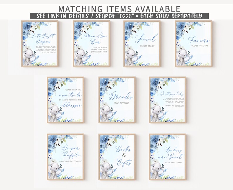 K&ouml;nnte beinhalten: Zehn druckbare Schilder f&uuml;r eine Babyparty mit einem blauen und wei&szlig;en Elefanten-Motiv. Die Schilder beinhalten "Late Night Diapers", "Mom-osa Bar", "Food", "Favors", "Please Help the Mom-to-be Address", "Drinks", "Don't Say Baby", "Diaper Raffle", "Books & Gifts", and "Babies are Sweet".