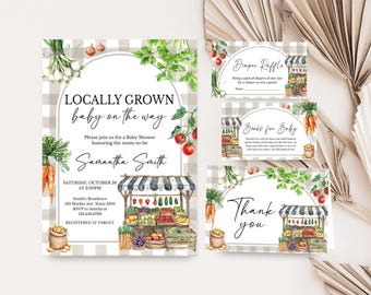 May include: A baby shower invitation with a watercolor illustration of a farm stand with fresh produce. The invitation says "Locally Grown Baby on the Way" and includes the date, time, and location of the shower. There are also two smaller cards for a diaper raffle and a book request.