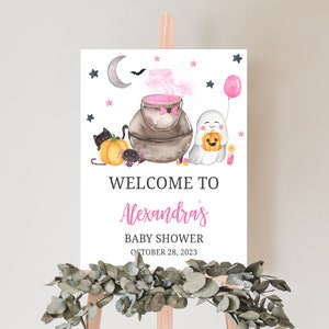 Editável rosa um pouco boo sinal de boas-vindas do chá de bebê, menina fantasma halloween chuveiro de bebê cartaz de boas-vindas, decoração de sinal de chá de bebê de halloween 0462