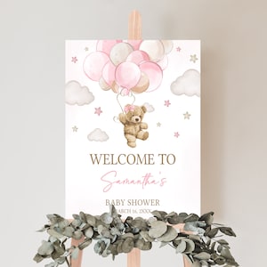 Editable Pink Girl Bear Balloon Baby Shower Welcome Sign, We Can Bearly Wait Girl Baby Shower Welcome Poster, Boho Bear Baby Shower, 0599