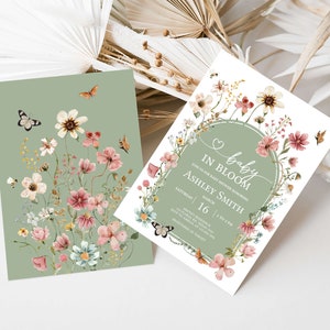 Editable Baby in Bloom Baby Shower Invitation Bundle, Boho Sage Green Wildflower Baby Shower Invite Set, Neutral Baby Shower Invite, 0676 image 2