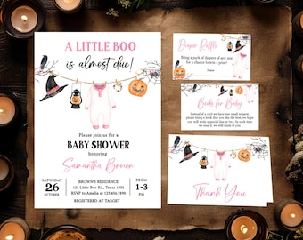 Editable A Little Boo is Almost Due Baby Shower Invitation Bundle, Girl Baby Clothes Baby Shower Invite, Pink Halloween Baby Shower, 0917