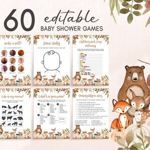 Redigerbara höstpumpa-skogsmark-babyshowerspelpaket, babyshowerspel med skogsdjur för pojkar, höst- och höstbabyshowerspelset 0429