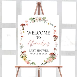 Cartello di benvenuto per baby shower con piccolo fungo modificabile, poster di benvenuto per baby shower con funghi di fiori di campo, Baby shower con funghi rossi Cottagecore 0845