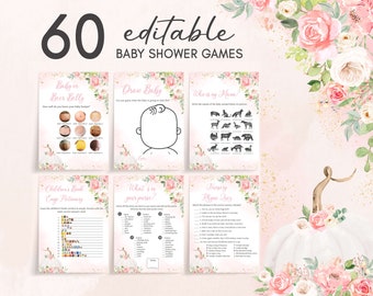 Redigerbara babyshower-spel med rosa blommor och pumpa, höst- och höstbabyshower-spelpaket, mall för babyshower med liten pumpa och flickor 0807