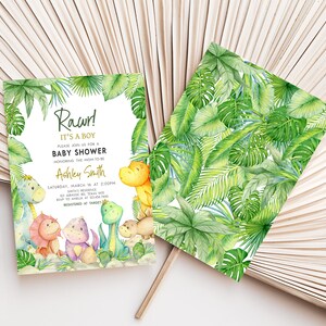 Editable Sign Dinosaur Baby Shower Invitation, Greenery Dino Baby Shower Invite, Dinosaur It's A Boy Baby Shower Invitation Template, 0680 image 2