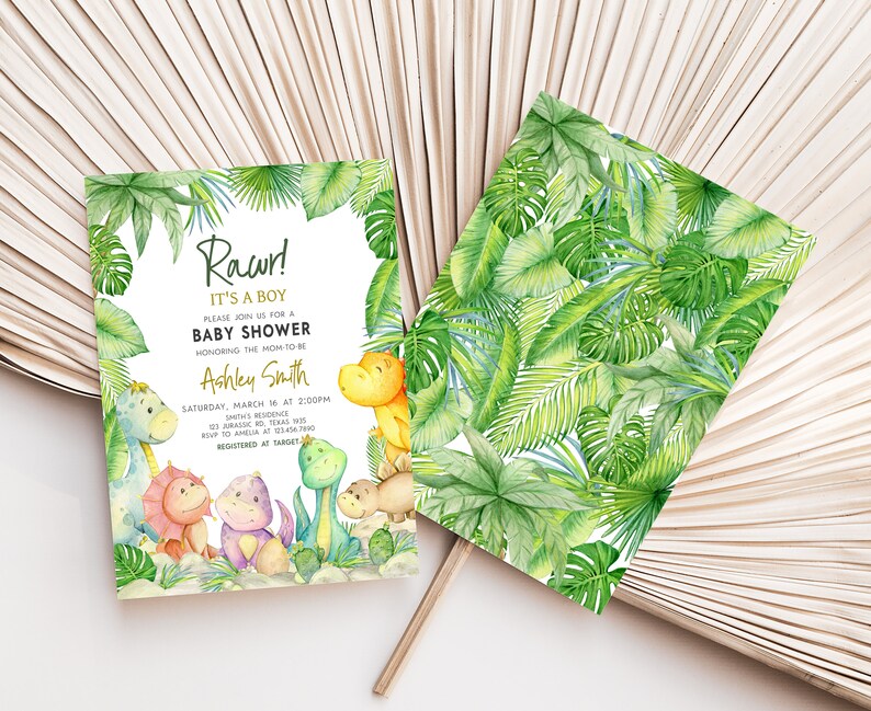 Editable Sign Dinosaur Baby Shower Invitation, Greenery Dino Baby Shower Invite, Dinosaur It's A Boy Baby Shower Invitation Template, 0680 image 2