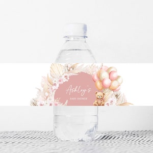 Editable Pink Bear Balloon Baby Shower Bottle Label, Girl Boho Bear Baby Shower Water Labels, We Can Bearly Wait Water Bottle Stickers, 0692 image 1