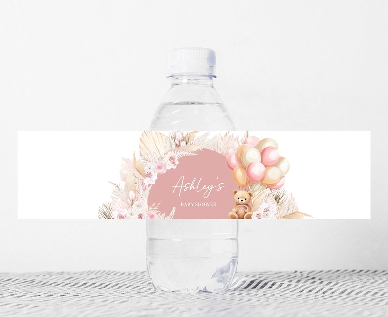 Editable Pink Bear Balloon Baby Shower Bottle Label, Girl Boho Bear Baby Shower Water Labels, We Can Bearly Wait Water Bottle Stickers, 0692 image 1