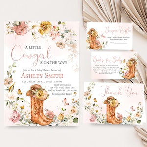 Editable Floral Cowgirl Baby Shower Invitation Bundle, Pink Cowgirl Boots Baby Shower Invite Set, Little Cowgirl Wild West Baby Shower, 0726