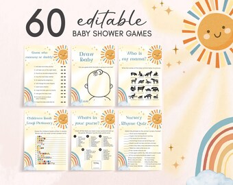Bearbeitbare Sonne-Babyparty-Spiele Junge Sonshine Babyparty-Bundle-Spiele, hier kommt der Sohn-Babyparty-Spiel-Bundle, Boho Sunshine Shower 01048