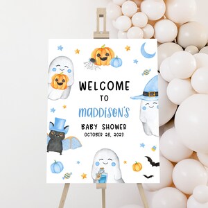 Bearbeitbar Ein Little Boo Babyparty Willkommensschild, Blaues Halloween Babyparty Willkommensplakat, Jungengeist Halloween Babyparty Willkommensschild 0459 Bild 1