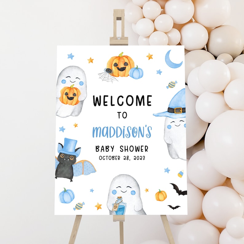 Bearbeitbar Ein Little Boo Babyparty Willkommensschild, Blaues Halloween Babyparty Willkommensplakat, Jungengeist Halloween Babyparty Willkommensschild 0459 Bild 1