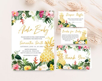 May include: Aloha Baby baby shower invitation with a tropical theme. The invitation features a pineapple, flowers, and leaves. The text on the invitation reads "Aloha Baby" and includes the date, time, and location of the shower. The invitation also includes a request for guests to bring a book for the baby.