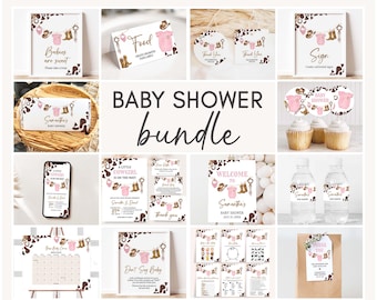 Bearbeitbares kleines Cowgirl-Babyparty-Bundle, Mädchen-Babykleidung-Babyparty-Pack, Western Pink Rodeo-Babyparty-Mega-Bundle-Vorlage, 0727