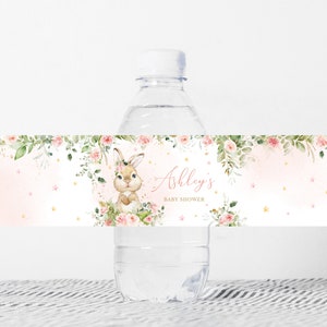 Bearbeitbares Häschen-Babyparty-Flaschenetikett, rosa Babyparty-Wasseretikett mit Blumenmuster, ein kleiner Häschen-Frühlings-Wasserflaschenaufkleber, 0624