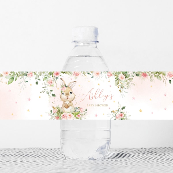 Editable Bunny Girl Baby Shower Bottle Label, Pink Floral Baby Shower Water Label, A Little Bunny Rabbit Spring Water Bottle Stickers, 0624