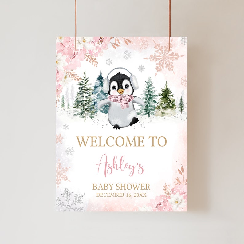 Editable Winter Penguin Baby Shower Welcome Sign, Girl Penguin Baby Shower Welcome Poster, Pink Baby It's Cold Outside Baby Shower, 0557 image 1