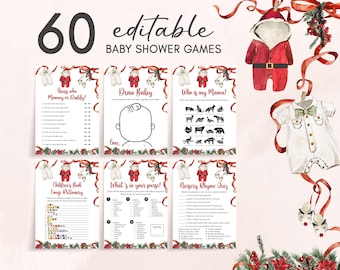 Puede incluir: Un conjunto de 60 juegos editables para baby shower con temática navideña. La imagen muestra tarjetas de juego con títulos como "¡Adivina quién es mamá o papá!" y "Dibuja al bebé", junto con ilustraciones de ropa de bebé y decoraciones festivas.