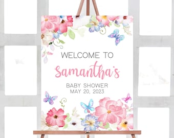 Bearbeitbares Schmetterlings-Babyparty-Willkommensschild, Frühlingsblumen-Schmetterlingsparty-Willkommensplakat, Schmetterlings-Baby in Blüte druckbare Vorlage 0229