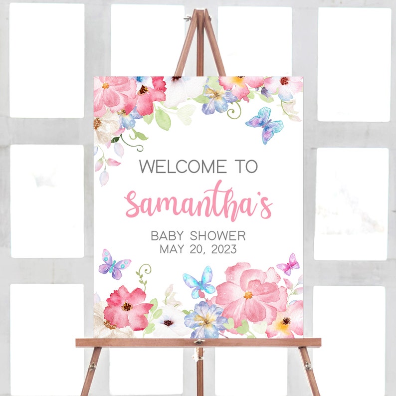 Puede incluir: Bienvenido a la fiesta de bienvenida al beb&eacute; de Samantha con un dise&ntilde;o floral de acuarela con flores rosas, azules y blancas y mariposas. El texto dice "Bienvenido a la fiesta de bienvenida al beb&eacute; de Samantha 20 de mayo de 2023".