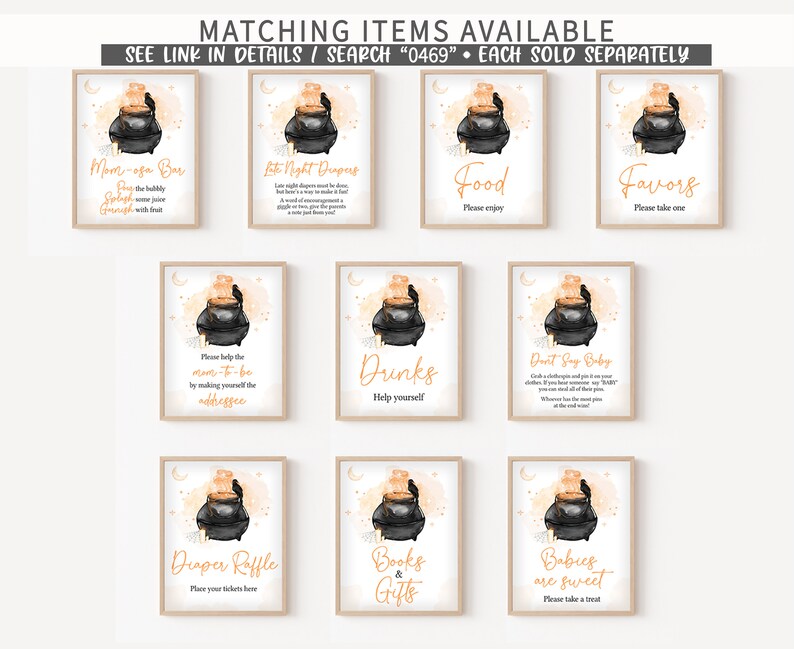 May include: A collection of framed signs with a Halloween theme. Each sign features a black cauldron with orange steam and a raven. Text on the signs includes "Mom-osa Bar", "Food", "Favors", "Drinks", and "Diaper Raffle".