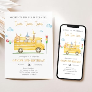 Editable School Bus Birthday Invitation, Yellow Bus Birthday Invite, Toddler on the Bus Invitation, Back to School Invitation Template, 86BD